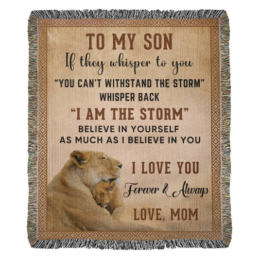 "Wrap your son in love with our 'To My Son Blanket' collection—thoughtfully crafted heirloom woven blankets, a timeless gift from a mother's heart."